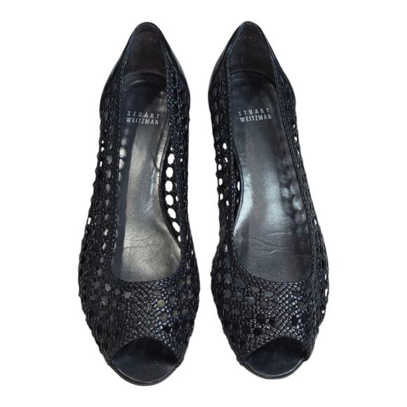 Stuart Weitzman Passive‎ Black Leather Wedge Open Toe Women\'s Shoes Size 9.5